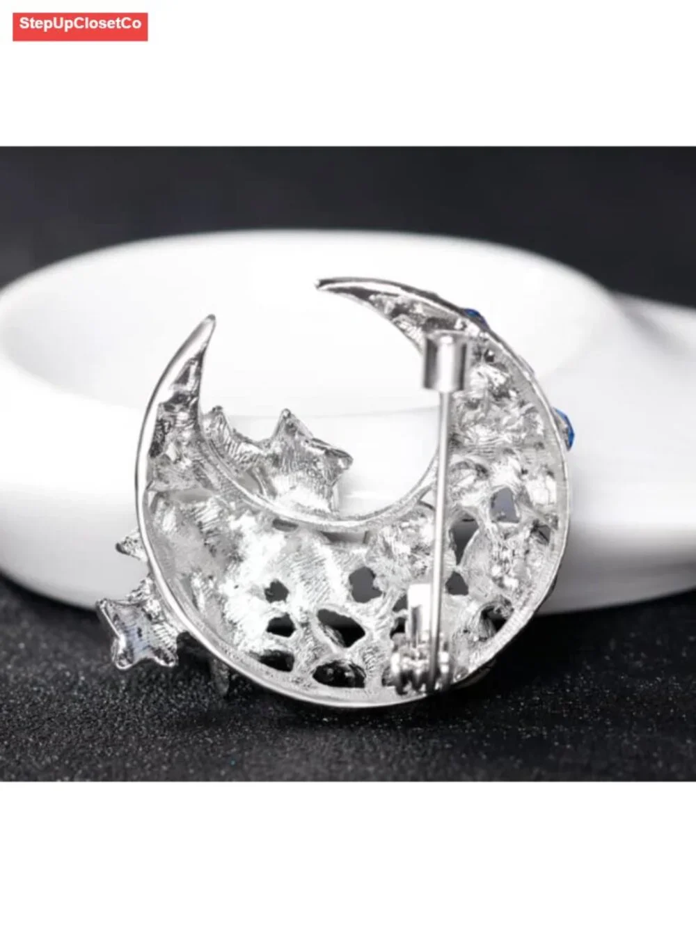 Crystal Moon Star Brooch Pin Sparkle Pearl Lapel Pin Vintage Women Dress Suit